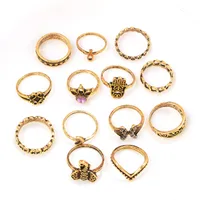 Retro Geometric Stars Feathers Gems Moon Rings Set sku image 19