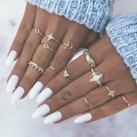 Retro Geometric Stars Feathers Gems Moon Rings Set sku image 7