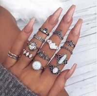 Retro Geometric Stars Feathers Gems Moon Rings Set sku image 26