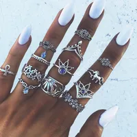 Retro Geometric Stars Feathers Gems Moon Rings Set sku image 8