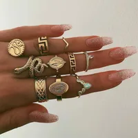 Retro Geometric Stars Feathers Gems Moon Rings Set sku image 21