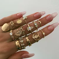 Retro Geometric Stars Feathers Gems Moon Rings Set sku image 32