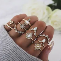 Retro Geometric Stars Feathers Gems Moon Rings Set sku image 29