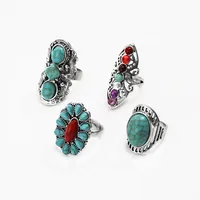 Wholesale Jewelry Retro Long Inlaid Turquoise Carved 4 Pieces Ring Nihaowholesale main image 1