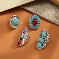 Wholesale Jewelry Retro Long Inlaid Turquoise Carved 4 Pieces Ring Nihaowholesale main image 2
