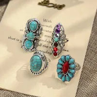 Wholesale Jewelry Retro Long Inlaid Turquoise Carved 4 Pieces Ring Nihaowholesale main image 3