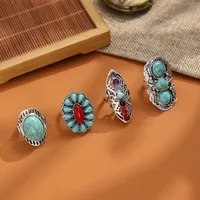 Wholesale Jewelry Retro Long Inlaid Turquoise Carved 4 Pieces Ring Nihaowholesale main image 4