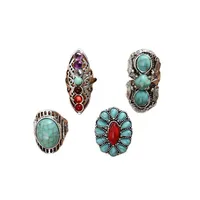 Wholesale Jewelry Retro Long Inlaid Turquoise Carved 4 Pieces Ring Nihaowholesale main image 5