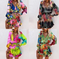 Wholesale V-neck Splicing Ruffled Colorful Flower Print Long-sleeved Short Dress Nihaowholesale main image 1