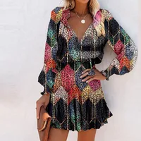 Wholesale V-neck Splicing Ruffled Colorful Flower Print Long-sleeved Short Dress Nihaowholesale main image 4