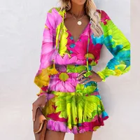 Wholesale V-neck Splicing Ruffled Colorful Flower Print Long-sleeved Short Dress Nihaowholesale main image 3