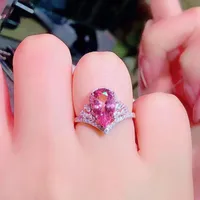Explosion Luxury Crown High Carbon Diamond Drop-shaped Simulation Pink Tourmaline Color Treasure Open Ring Engagement Diamond Ring main image 3