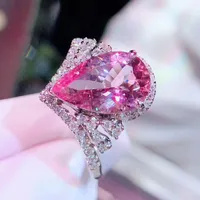 Explosion Luxury Crown High Carbon Diamond Drop-shaped Simulation Pink Tourmaline Color Treasure Open Ring Engagement Diamond Ring main image 4