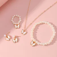 New Butterfly Pendant Pearl Bracelet Children's Ring Earrings Jewelry Set Wholesale main image 1
