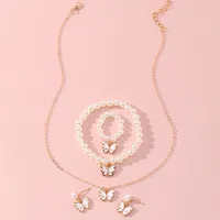 New Butterfly Pendant Pearl Bracelet Children's Ring Earrings Jewelry Set Wholesale main image 2