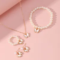 New Butterfly Pendant Pearl Bracelet Children's Ring Earrings Jewelry Set Wholesale main image 4
