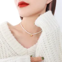 Retro Niche Design Freshwater Pearl Steel Ball Pendant Titanium Steel Plated 18k Real Gold Necklace main image 2