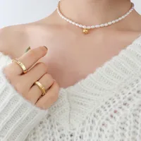 Retro Niche Design Freshwater Pearl Steel Ball Pendant Titanium Steel Plated 18k Real Gold Necklace main image 4