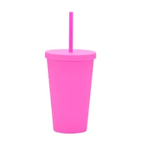 Candy Color Double-layer Plastic Straw Cup 16oz Plastic Frosted Water Cup sku image 14