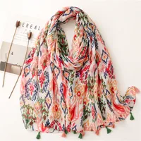 Bali Yarn Cotton Fruit Green Bright Yellow Leaf Printing Tassel Scarf Shawl sku image 19