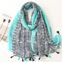Bali Yarn Cotton Fruit Green Bright Yellow Leaf Printing Tassel Scarf Shawl sku image 22