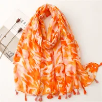 Bali Yarn Cotton Fruit Green Bright Yellow Leaf Printing Tassel Scarf Shawl sku image 17
