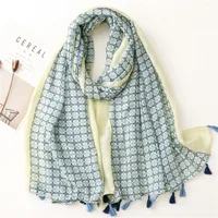 Bali Yarn Cotton Fruit Green Bright Yellow Leaf Printing Tassel Scarf Shawl sku image 21