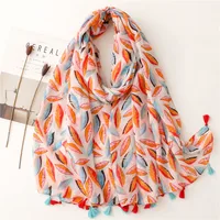 Bali Yarn Cotton Fruit Green Bright Yellow Leaf Printing Tassel Scarf Shawl sku image 18