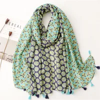 Bali Yarn Cotton Fruit Green Bright Yellow Leaf Printing Tassel Scarf Shawl sku image 24