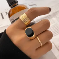 Retro Punk Style Twisted Geometric Simple Black Gem Alloy Rings 3-piece Set main image 1