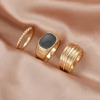 Retro Punk Style Twisted Geometric Simple Black Gem Alloy Rings 3-piece Set main image 2