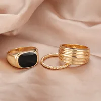 Retro Punk Style Twisted Geometric Simple Black Gem Alloy Rings 3-piece Set main image 3