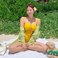 Korean Sexy Yellow White Suspenders Backless One-piece Triangle Swimsuit main image 2