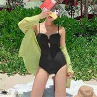 Korean Sexy Yellow White Suspenders Backless One-piece Triangle Swimsuit main image 3