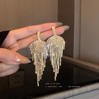 Fashion Inlaid Rhinestone Leaf Tassel Copper Earrings Wholesale main image 4