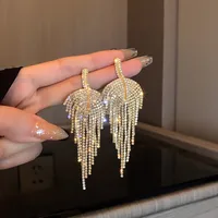 Fashion Inlaid Rhinestone Leaf Tassel Copper Earrings Wholesale sku image 1