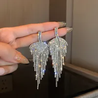 Fashion Inlaid Rhinestone Leaf Tassel Copper Earrings Wholesale sku image 2
