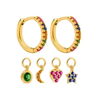 S925 Silver Needle Four Small Pendants Moon Star Cross Bead Hoop Set Earrings sku image 4