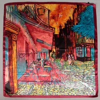 90cm Oil Painting Coffee House Alley Satin Ladies Large Square Scarf Wholesale sku image 3