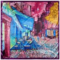 90cm Oil Painting Coffee House Alley Satin Ladies Large Square Scarf Wholesale sku image 1