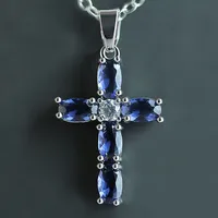 Fashion Simple Copper Inlaid Blue Oval Zircon Cross Pendant Necklace main image 1