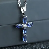 Fashion Simple Copper Inlaid Blue Oval Zircon Cross Pendant Necklace main image 2