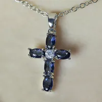 Fashion Simple Copper Inlaid Blue Oval Zircon Cross Pendant Necklace main image 3