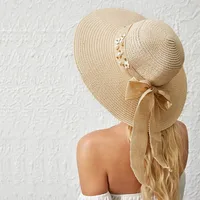 Korean Flower Hemp Strap Straw Hat Women Wide-brimmed Sunshade Cap sku image 1