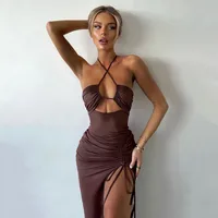 Fashion Sexy Chest Split Long Skirt Spring New Hollow Back Halter Dress main image 4