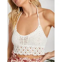 Summer Sexy Lace-up Halterneck Open-back Knitted Fringed Vest Top main image 1