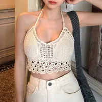 Summer Sexy Lace-up Halterneck Open-back Knitted Fringed Vest Top sku image 2