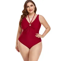 Simple Solid Color Plus Size One-piece Neck Halter Swimsuit main image 4