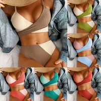 New Solid Color Matching Thick Pit Strips Cross Straps High Waist Bikini Swimwear main image 1
