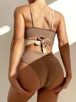 New Solid Color Matching Thick Pit Strips Cross Straps High Waist Bikini Swimwear main image 2